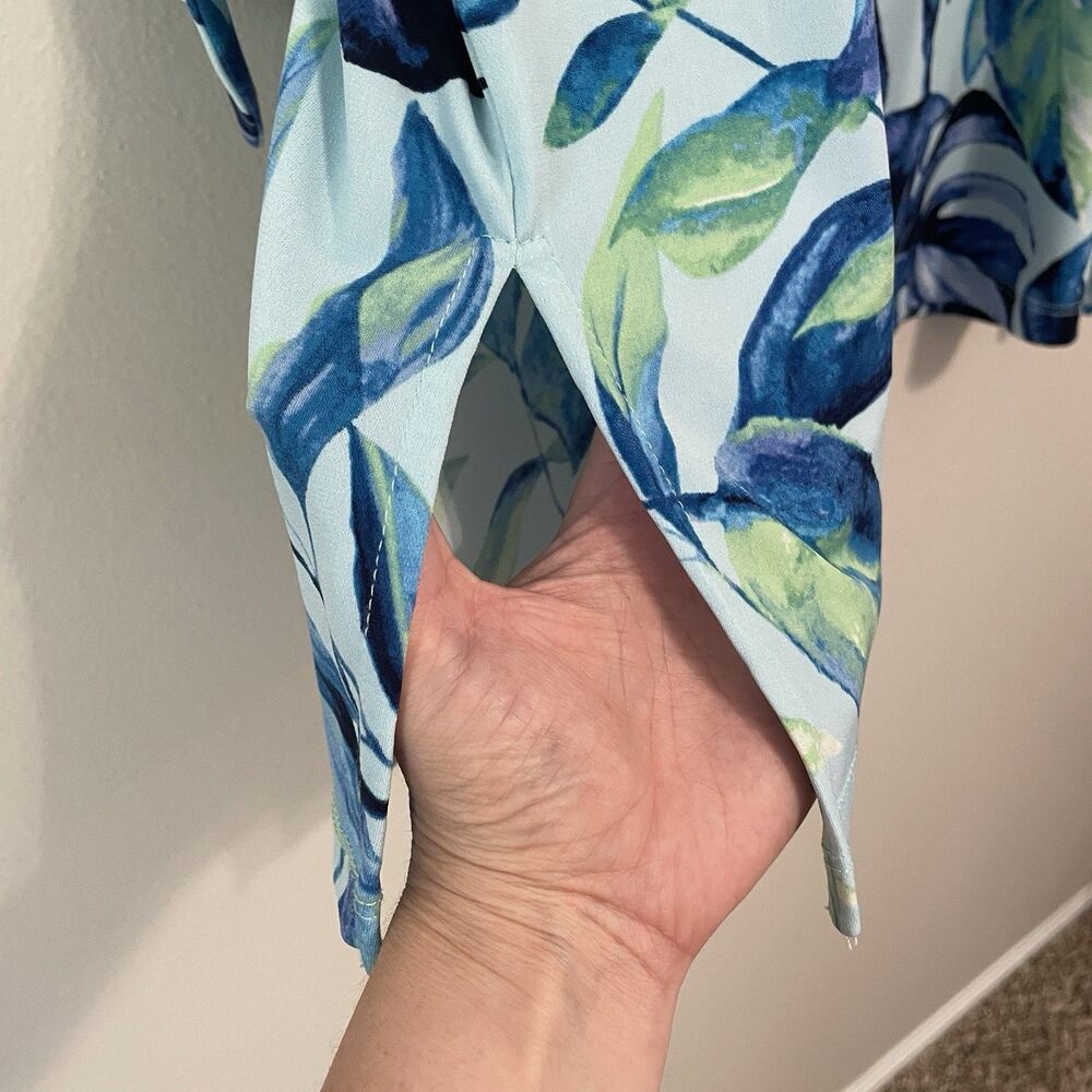 Susan Graver Liquid Knit Top XL Tropical Blue Green Tie Sleeve Office Travel - Picture 3 of 9